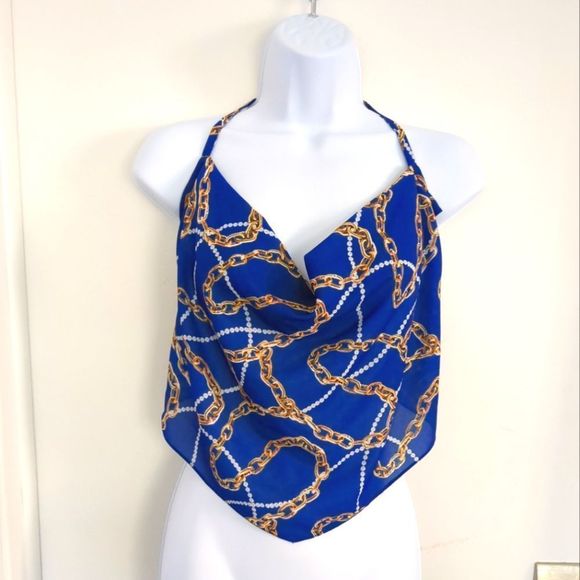 ASOS Blue and Gold Chain print satin handkerchief Halter Neck Crop Top size 6 - Picture 1 of 5